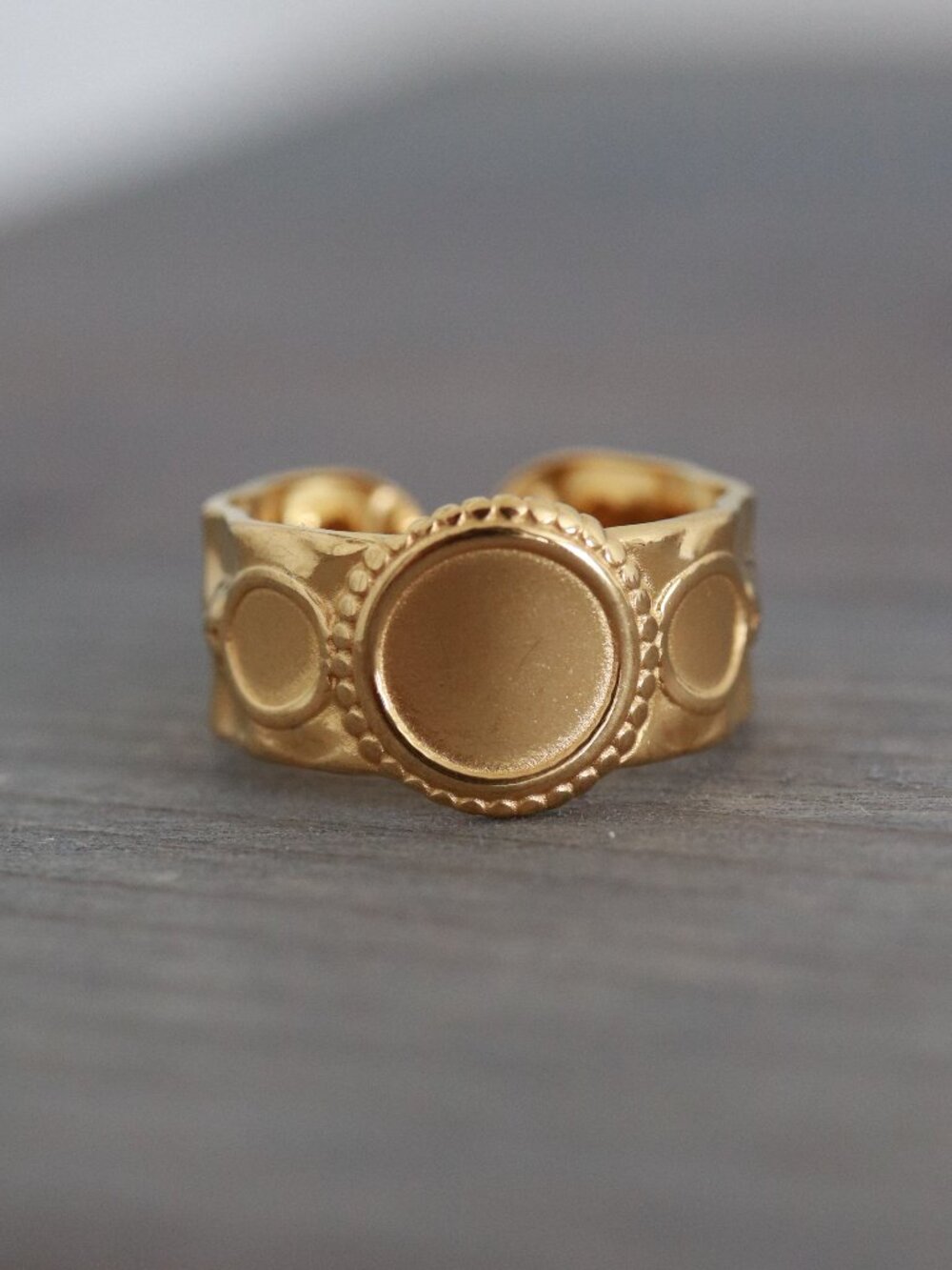Coin Hammered Style Wide Cuff Ring 18k Gold Plated Stainless Steel